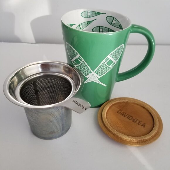 Davids Tea Snowshoe Perfect Mug Green White Winter Cup with Lid and Diffuser - Picture 1 of 14